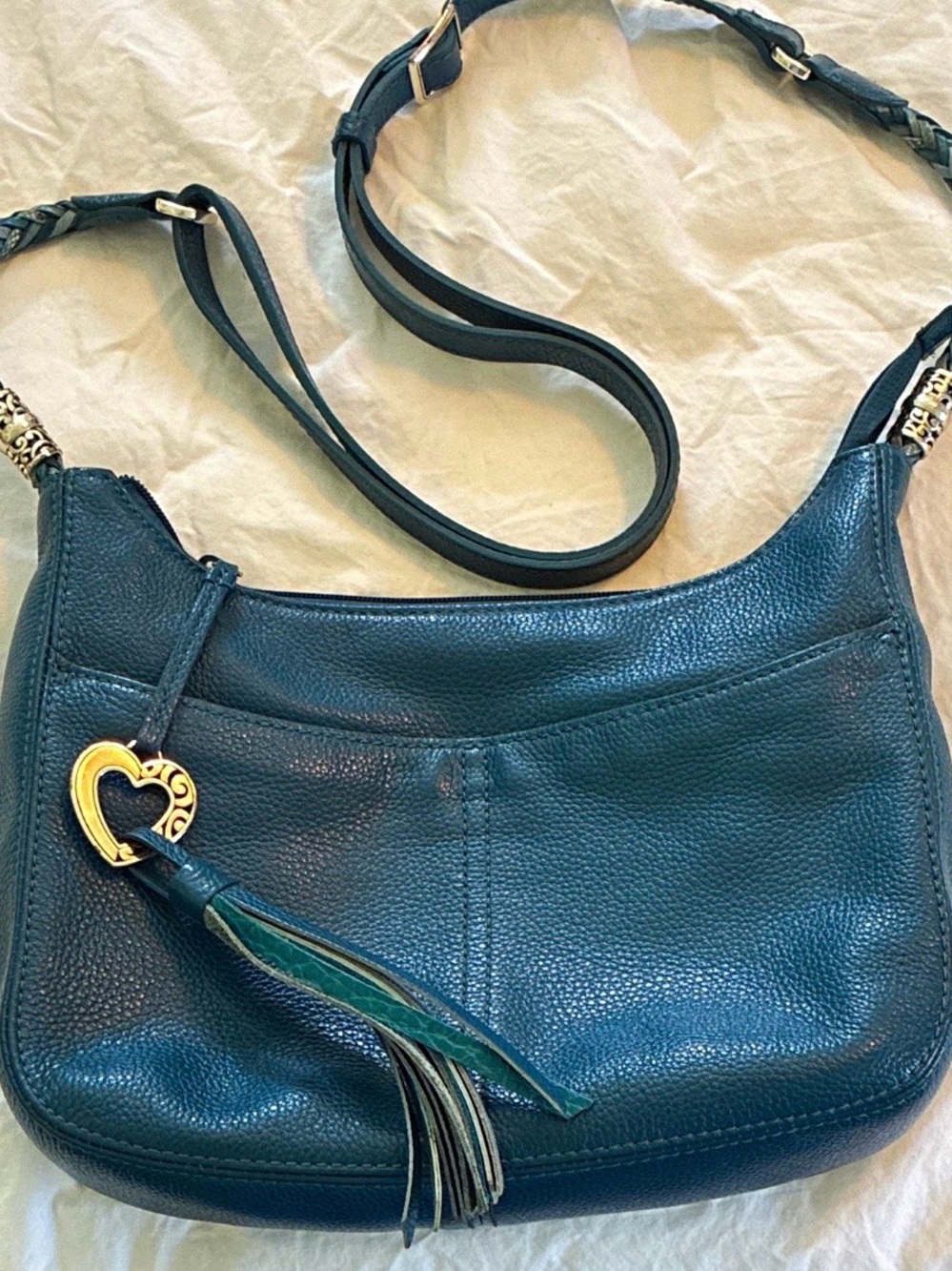 Brighton Teal Leather Shoulder Bag with Heart Tassel Charm
